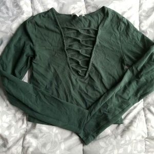 Green lace up long sleeve crop top